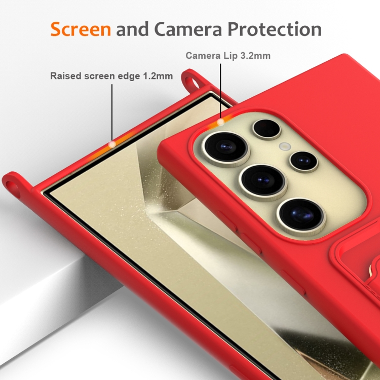 For Samsung Galaxy S24 Ultra 5G Integrated Card Bag Solid Color Liquid Silicone Phone Case with Lanyard(Red) For Samsung Galaxy S24 Ultra 5G Integrated Card Bag Solid Color Liquid Silicone Phone Case with Lanyard(Red)