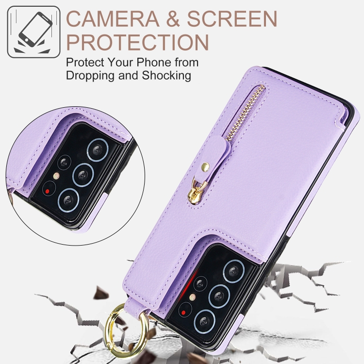 For Samsung Galaxy S21 Ultra 5G Litchi Texture Zipper Double Buckle Card Bag Phone Case(Purple) For Samsung Galaxy S21 Ultra 5G Litchi Texture Zipper Double Buckle Card Bag Phone Case(Purple)