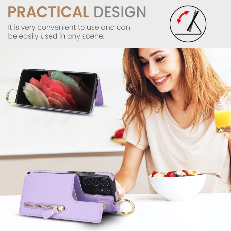 For Samsung Galaxy S21 Ultra 5G Litchi Texture Zipper Double Buckle Card Bag Phone Case(Purple) For Samsung Galaxy S21 Ultra 5G Litchi Texture Zipper Double Buckle Card Bag Phone Case(Purple)