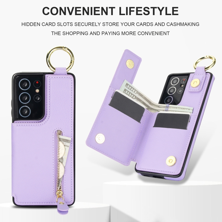 For Samsung Galaxy S21 Ultra 5G Litchi Texture Zipper Double Buckle Card Bag Phone Case(Purple) For Samsung Galaxy S21 Ultra 5G Litchi Texture Zipper Double Buckle Card Bag Phone Case(Purple)