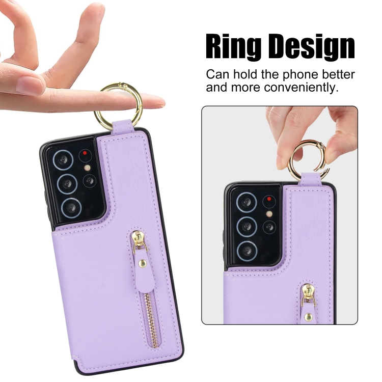 For Samsung Galaxy S21 Ultra 5G Litchi Texture Zipper Double Buckle Card Bag Phone Case(Purple) For Samsung Galaxy S21 Ultra 5G Litchi Texture Zipper Double Buckle Card Bag Phone Case(Purple)