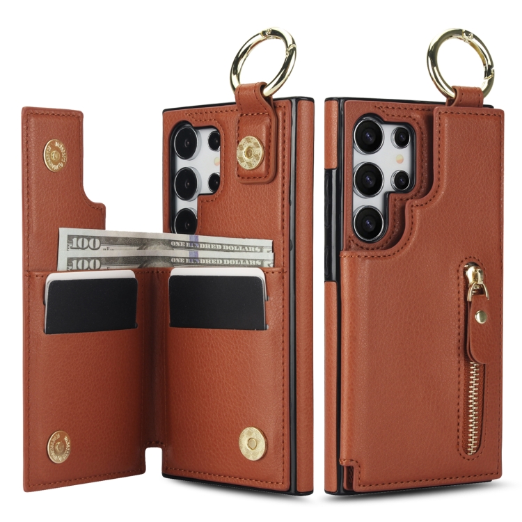 For Samsung Galaxy S24 Ultra 5G Litchi Texture Zipper Double Buckle Card Bag Phone Case(Brown) For Samsung Galaxy S24 Ultra 5G Litchi Texture Zipper Double Buckle Card Bag Phone Case(Brown)