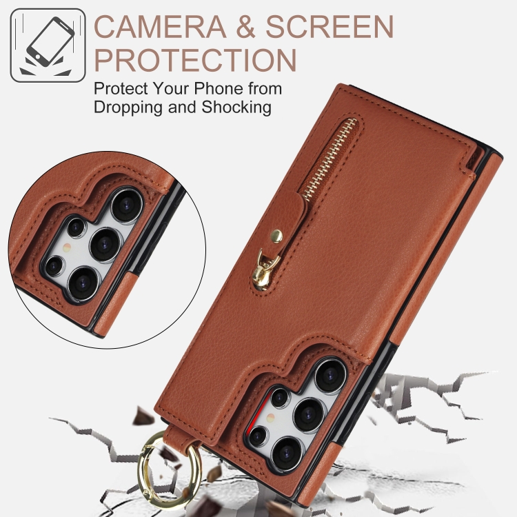 For Samsung Galaxy S24 Ultra 5G Litchi Texture Zipper Double Buckle Card Bag Phone Case(Brown) For Samsung Galaxy S24 Ultra 5G Litchi Texture Zipper Double Buckle Card Bag Phone Case(Brown)
