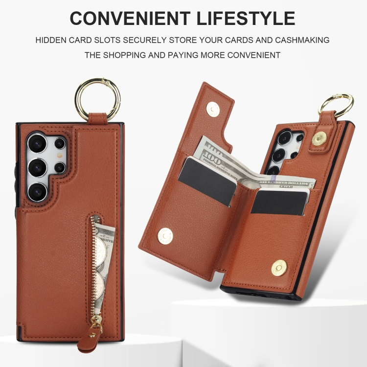 For Samsung Galaxy S24 Ultra 5G Litchi Texture Zipper Double Buckle Card Bag Phone Case(Brown) For Samsung Galaxy S24 Ultra 5G Litchi Texture Zipper Double Buckle Card Bag Phone Case(Brown)