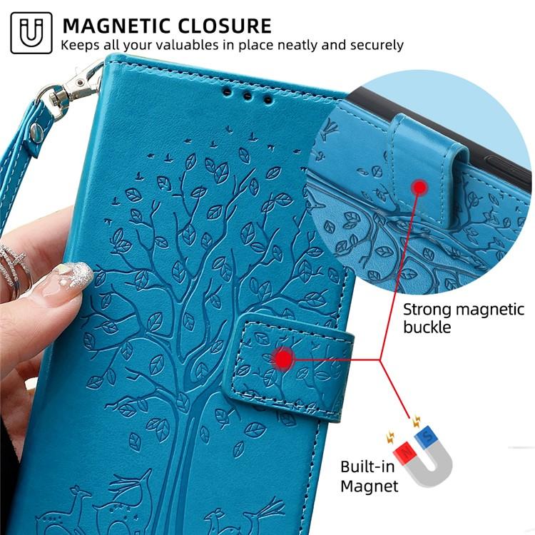 For OPPO A5 Pro 5G Global Tree & Deer Embossed Leather Phone Case(Blue)