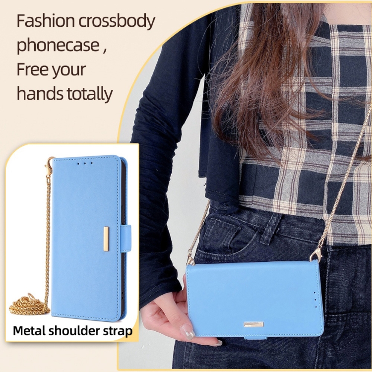 For iPhone 15 Pro Crossbody Chain Leather Phone Case(Blue) For iPhone 15 Pro Crossbody Chain Leather Phone Case(Blue)