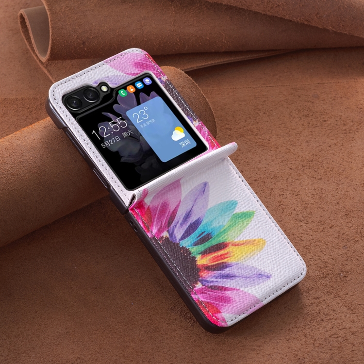For Samsung Galaxy Z Flip5 Colored Drawing Pattern PU + PC Shockproof Phone Case(Sun Flower) For Samsung Galaxy Z Flip5 Colored Drawing Pattern PU + PC Shockproof Phone Case(Sun Flower)