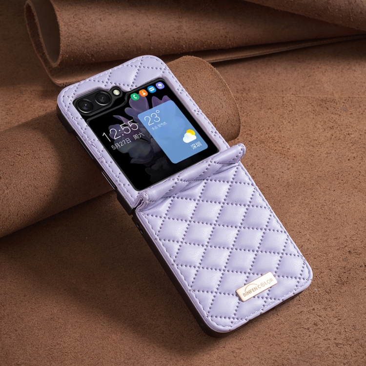 For Samsung Galaxy Z Flip5 Diamond Lattice PU + PC Shockproof Phone Case(Purple) For Samsung Galaxy Z Flip5 Diamond Lattice PU + PC Shockproof Phone Case(Purple)