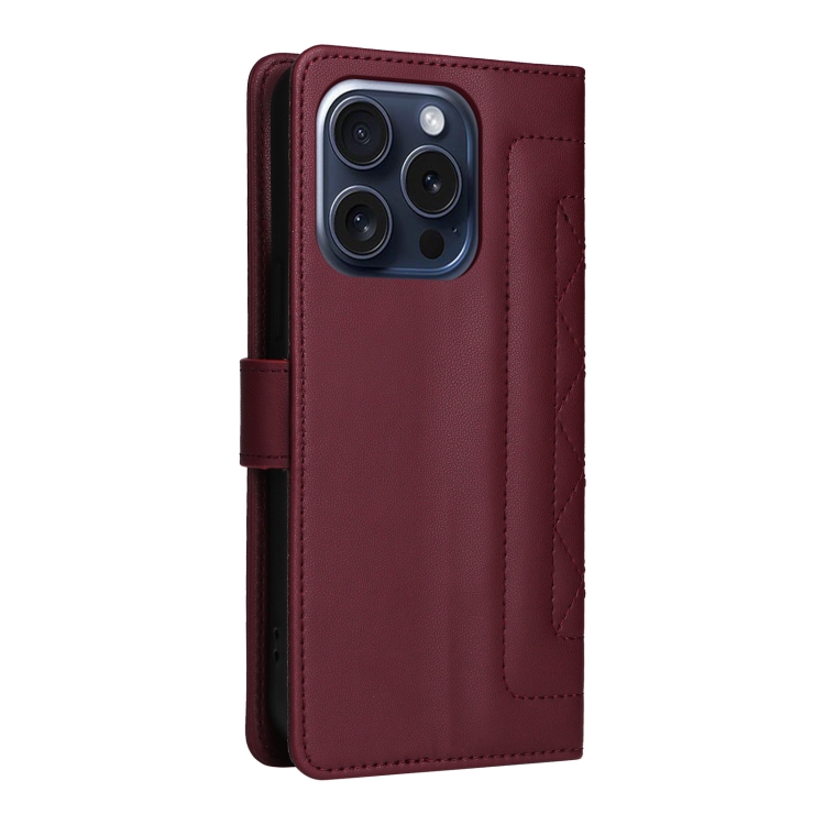 For iPhone 15 Pro Diamond Lattice Leather Flip Phone Case(Wine Red) For iPhone 15 Pro Diamond Lattice Leather Flip Phone Case(Wine Red)