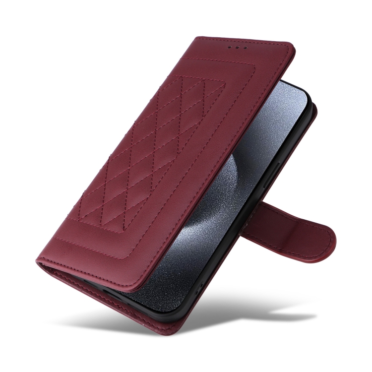 For iPhone 15 Pro Diamond Lattice Leather Flip Phone Case(Wine Red) For iPhone 15 Pro Diamond Lattice Leather Flip Phone Case(Wine Red)