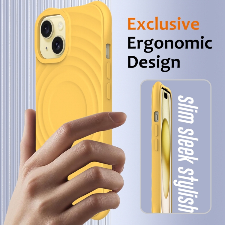 For iPhone 15 Wave Texture MagSafe Magnetic Liquid Silicone Phone Case(Yellow)