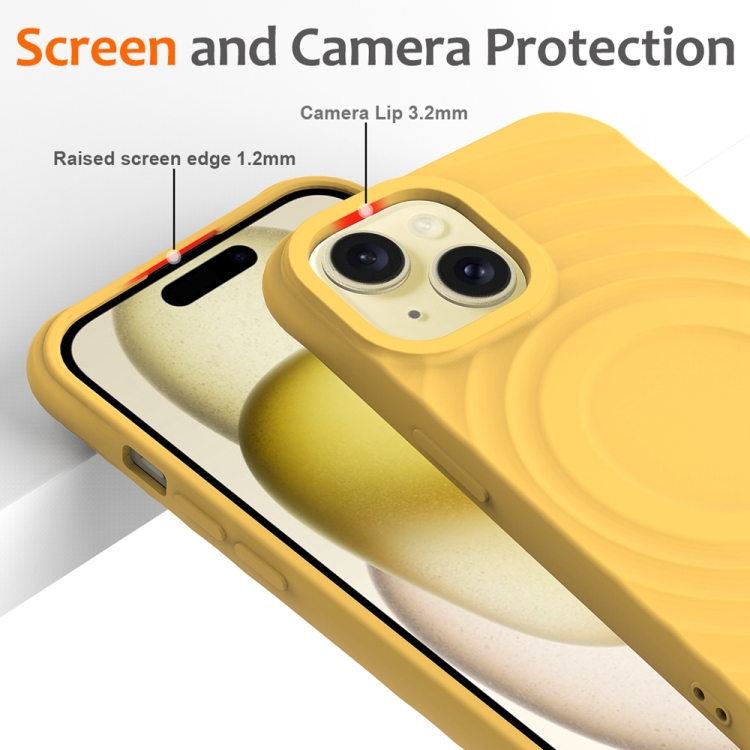 For iPhone 15 Wave Texture MagSafe Magnetic Liquid Silicone Phone Case(Yellow)