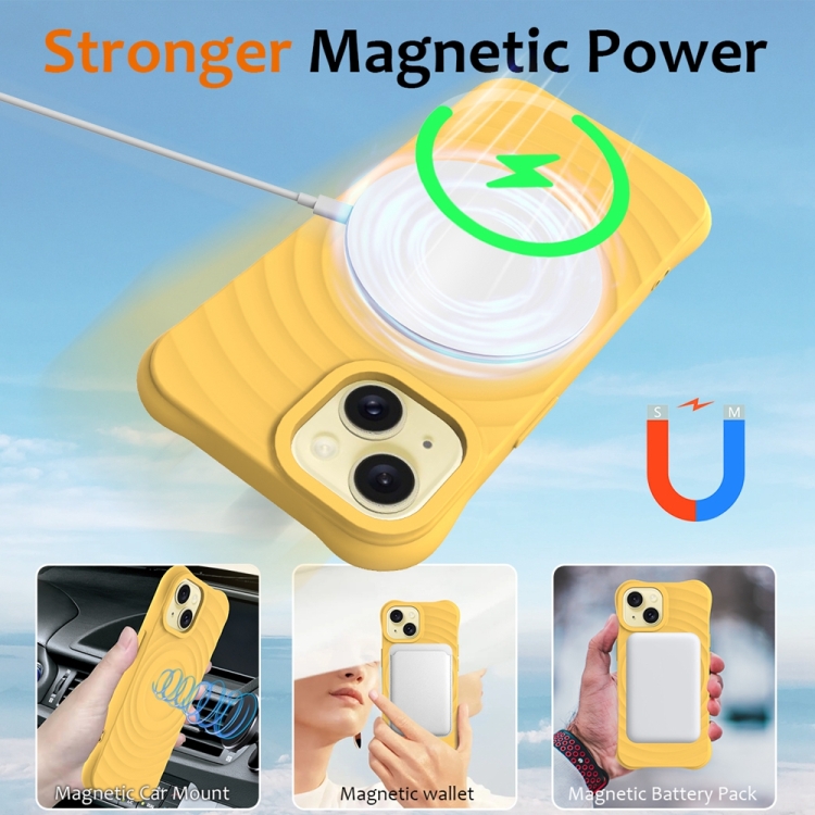 For iPhone 15 Wave Texture MagSafe Magnetic Liquid Silicone Phone Case(Yellow)