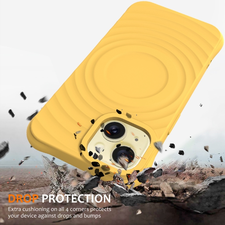 For iPhone 15 Wave Texture MagSafe Magnetic Liquid Silicone Phone Case(Yellow)