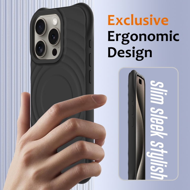 For iPhone 16 Pro Wave Texture MagSafe Magnetic Liquid Silicone Phone Case(Black) For iPhone 16 Pro Wave Texture MagSafe Magnetic Liquid Silicone Phone Case(Black)