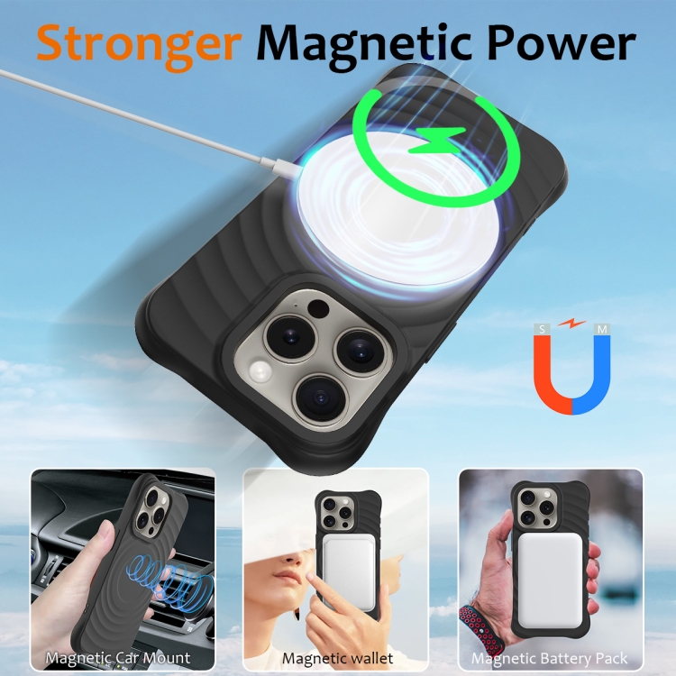 For iPhone 16 Pro Wave Texture MagSafe Magnetic Liquid Silicone Phone Case(Black) For iPhone 16 Pro Wave Texture MagSafe Magnetic Liquid Silicone Phone Case(Black)