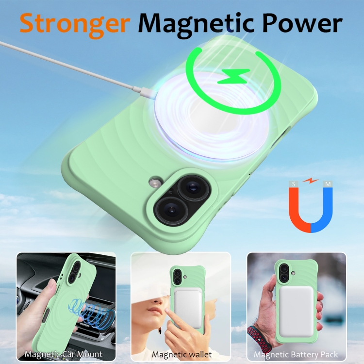 For iPhone 16 Wave Texture MagSafe Magnetic Liquid Silicone Phone Case(Green) For iPhone 16 Wave Texture MagSafe Magnetic Liquid Silicone Phone Case(Green)