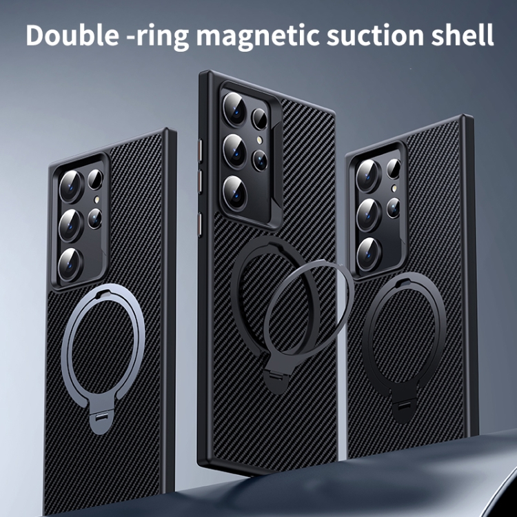 For Samsung Galaxy S24 Ultra 5G Double Ring MagSafe Holder Carbon Fibre Phone Case(Silver) For Samsung Galaxy S24 Ultra 5G Double Ring MagSafe Holder Carbon Fibre Phone Case(Silver)
