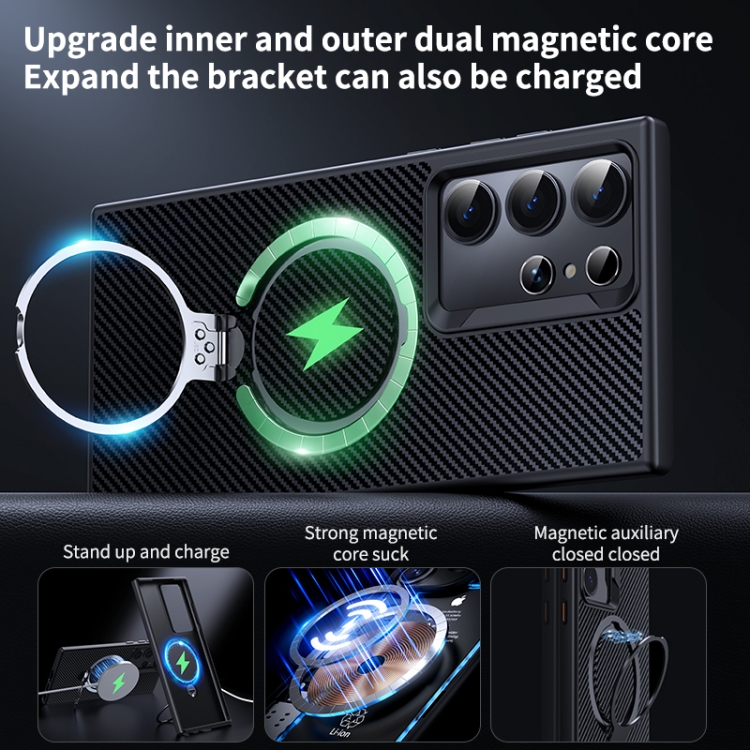 For Samsung Galaxy S24 Ultra 5G Double Ring MagSafe Holder Carbon Fibre Phone Case(Silver) For Samsung Galaxy S24 Ultra 5G Double Ring MagSafe Holder Carbon Fibre Phone Case(Silver)