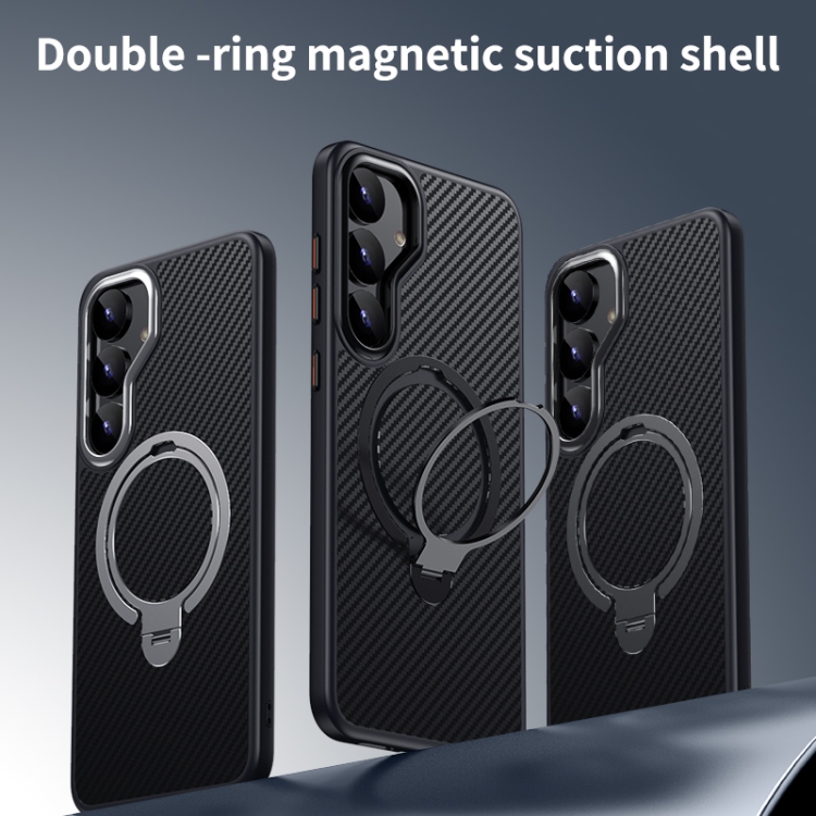 For Samsung Galaxy S25 5G Double Ring MagSafe Holder Carbon Fibre Phone Case(Black) For Samsung Galaxy S25 5G Double Ring MagSafe Holder Carbon Fibre Phone Case(Black)