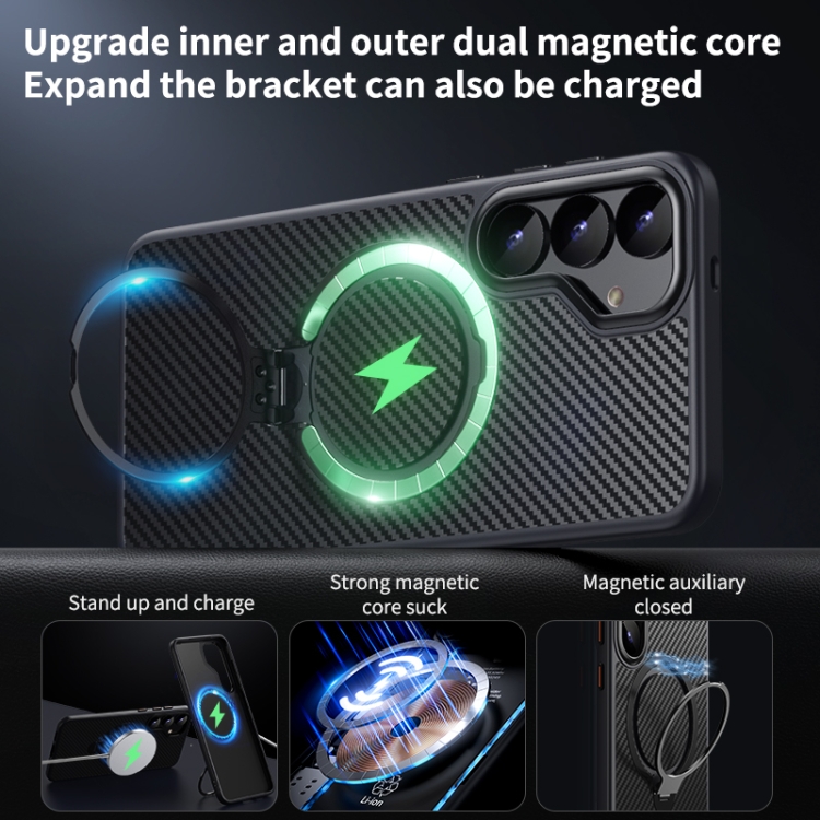 For Samsung Galaxy S25 5G Double Ring MagSafe Holder Carbon Fibre Phone Case(Black) For Samsung Galaxy S25 5G Double Ring MagSafe Holder Carbon Fibre Phone Case(Black)
