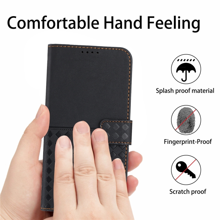 For iPhone 15 Woven Embossed RFID Blocking Leather Phone Case(Black)