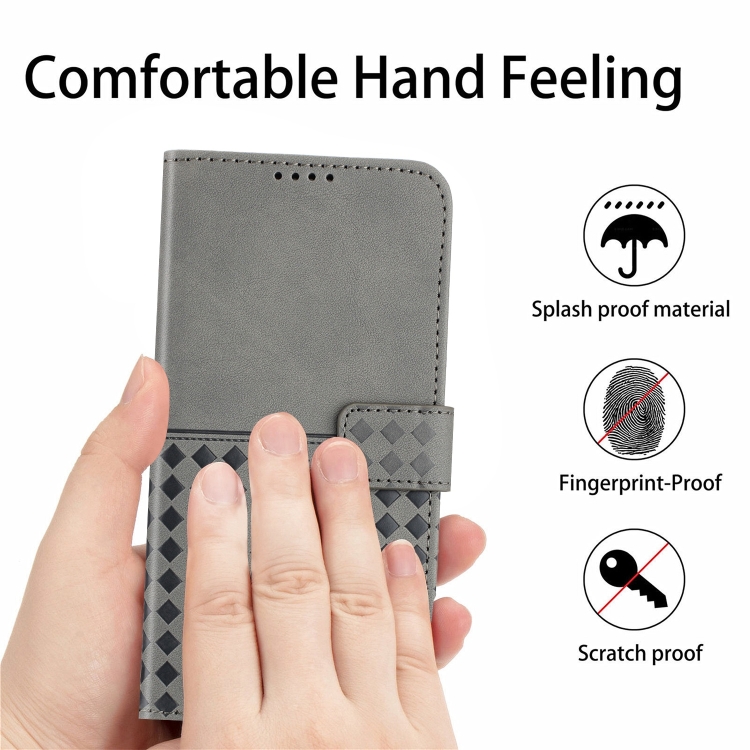 For iPhone 14 Woven Embossed RFID Blocking Leather Phone Case(Grey) For iPhone 14 Woven Embossed RFID Blocking Leather Phone Case(Grey)