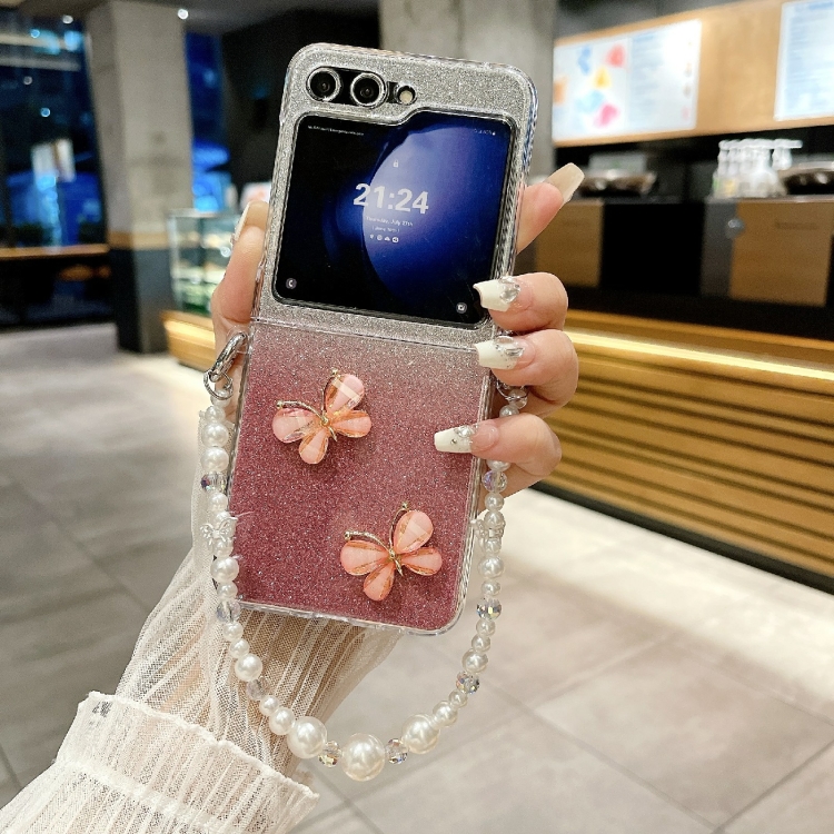 For Samsung Galaxy Z Flip6 Glitter Powder 3D Butterfly PC Side Buckle Full Coverage Shockproof Phone Case with Pearl Bracelet(Red)