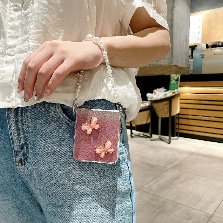For Samsung Galaxy Z Flip6 Glitter Powder 3D Butterfly PC Side Buckle Full Coverage Shockproof Phone Case with Pearl Bracelet(Red)