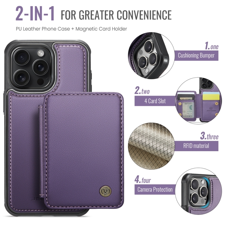 For iPhone 15 Plus JEEHOOD J05 Business Magnetic Style RFID Leather Phone Case(Purple) For iPhone 15 Plus JEEHOOD J05 Business Magnetic Style RFID Leather Phone Case(Purple)