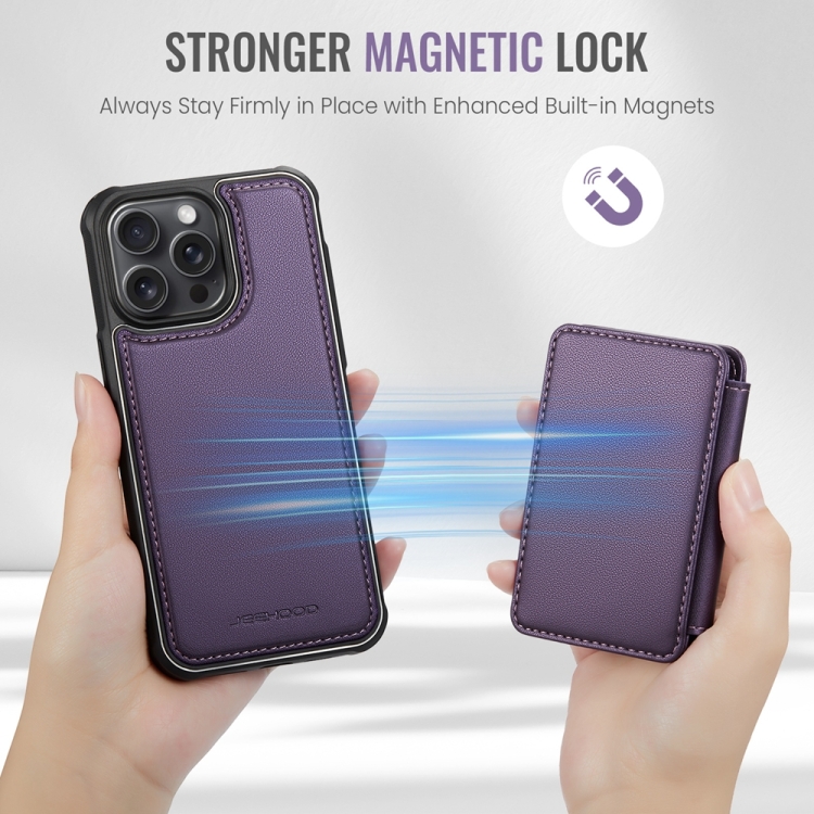 For iPhone 15 Plus JEEHOOD J05 Business Magnetic Style RFID Leather Phone Case(Purple) For iPhone 15 Plus JEEHOOD J05 Business Magnetic Style RFID Leather Phone Case(Purple)