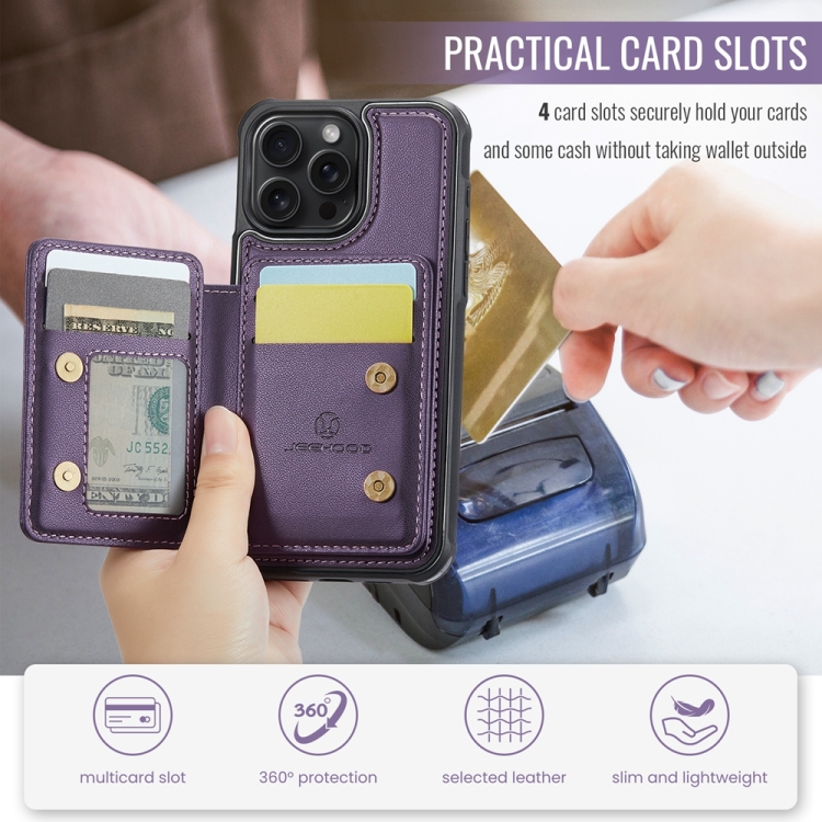 For iPhone 15 Plus JEEHOOD J05 Business Magnetic Style RFID Leather Phone Case(Purple) For iPhone 15 Plus JEEHOOD J05 Business Magnetic Style RFID Leather Phone Case(Purple)