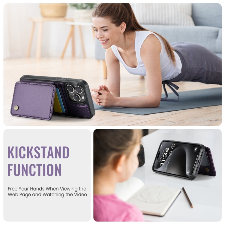For iPhone 15 Plus JEEHOOD J05 Business Magnetic Style RFID Leather Phone Case(Purple) For iPhone 15 Plus JEEHOOD J05 Business Magnetic Style RFID Leather Phone Case(Purple)
