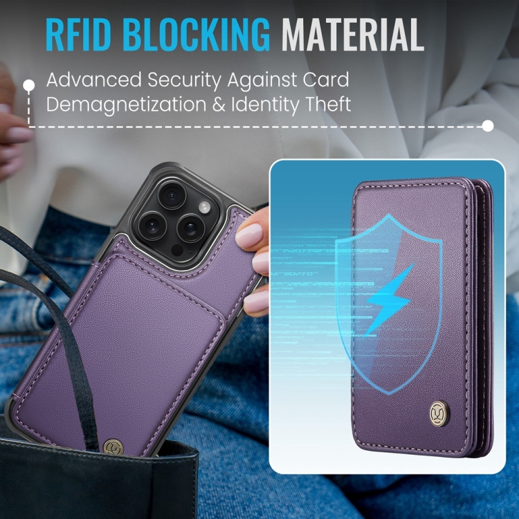 For iPhone 15 Plus JEEHOOD J05 Business Magnetic Style RFID Leather Phone Case(Purple) For iPhone 15 Plus JEEHOOD J05 Business Magnetic Style RFID Leather Phone Case(Purple)