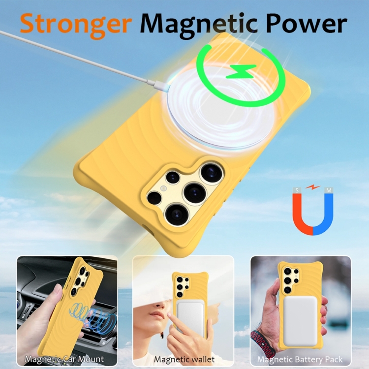 For Samsung Galaxy S23 Ultra 5G Wave Texture MagSafe Magnetic Liquid Silicone Phone Case(Yellow)