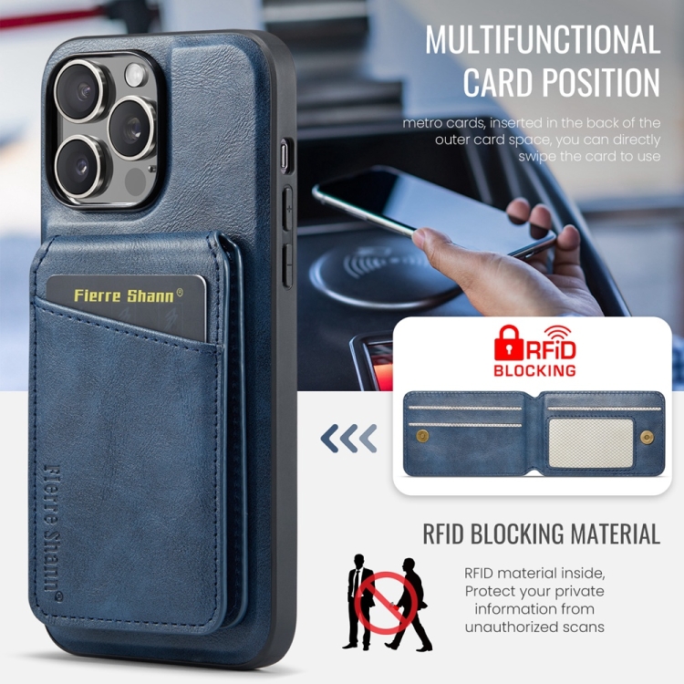 For iPhone 16 Pro Fierre Shann Cowhide Vertical Flip Magnetic Card Holder Phone Case(Blue)