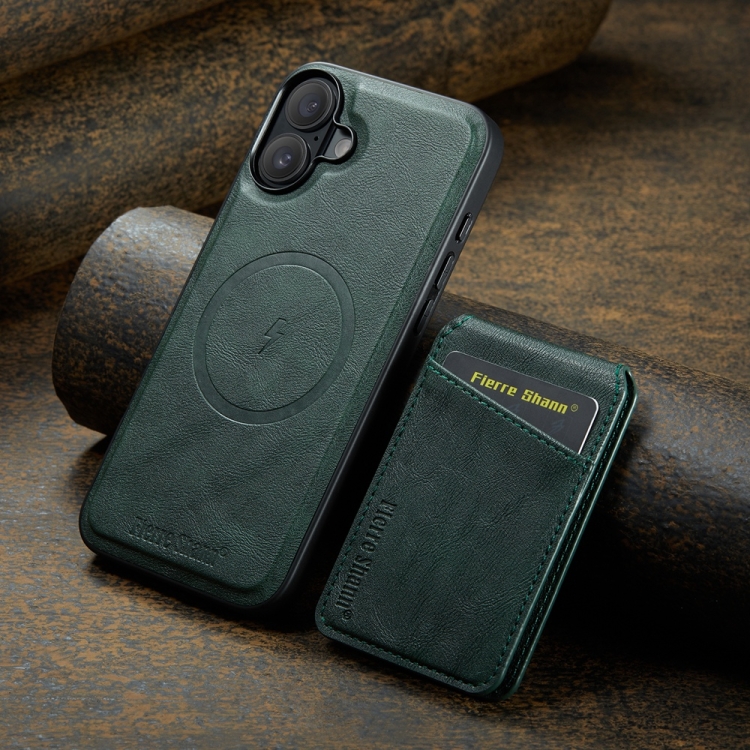 For iPhone 16 Fierre Shann Cowhide Vertical Flip Magnetic Card Holder Phone Case(Green) For iPhone 16 Fierre Shann Cowhide Vertical Flip Magnetic Card Holder Phone Case(Green)