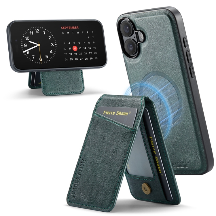 For iPhone 16 Fierre Shann Cowhide Vertical Flip Magnetic Card Holder Phone Case(Green) For iPhone 16 Fierre Shann Cowhide Vertical Flip Magnetic Card Holder Phone Case(Green)