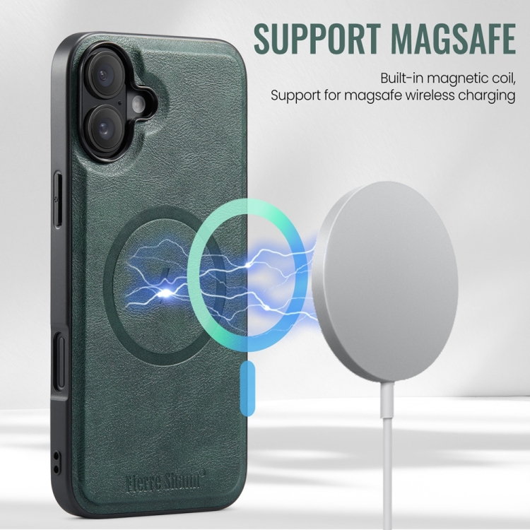 For iPhone 16 Fierre Shann Cowhide Vertical Flip Magnetic Card Holder Phone Case(Green) For iPhone 16 Fierre Shann Cowhide Vertical Flip Magnetic Card Holder Phone Case(Green)
