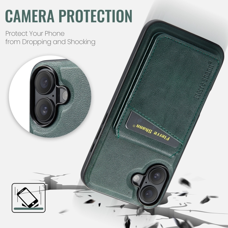 For iPhone 16 Fierre Shann Cowhide Vertical Flip Magnetic Card Holder Phone Case(Green) For iPhone 16 Fierre Shann Cowhide Vertical Flip Magnetic Card Holder Phone Case(Green)