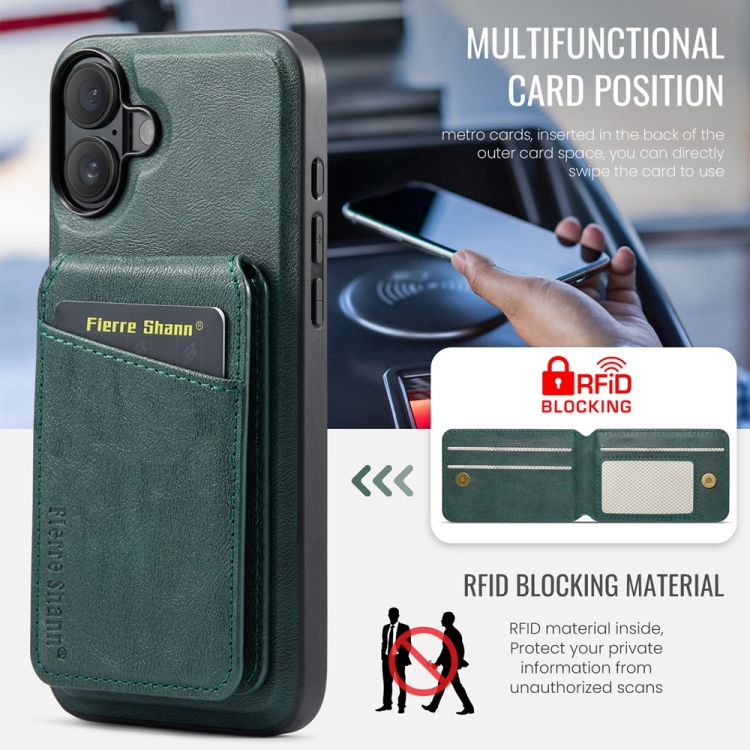 For iPhone 16 Fierre Shann Cowhide Vertical Flip Magnetic Card Holder Phone Case(Green) For iPhone 16 Fierre Shann Cowhide Vertical Flip Magnetic Card Holder Phone Case(Green)