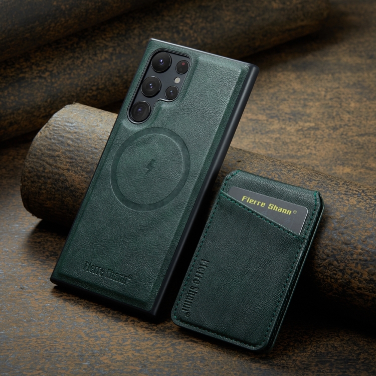 For Samsung Galaxy S22 Ultra 5G Fierre Shann Cowhide Vertical Flip Magnetic Card Holder Phone Case(Green) For Samsung Galaxy S22 Ultra 5G Fierre Shann Cowhide Vertical Flip Magnetic Card Holder Phone Case(Green)