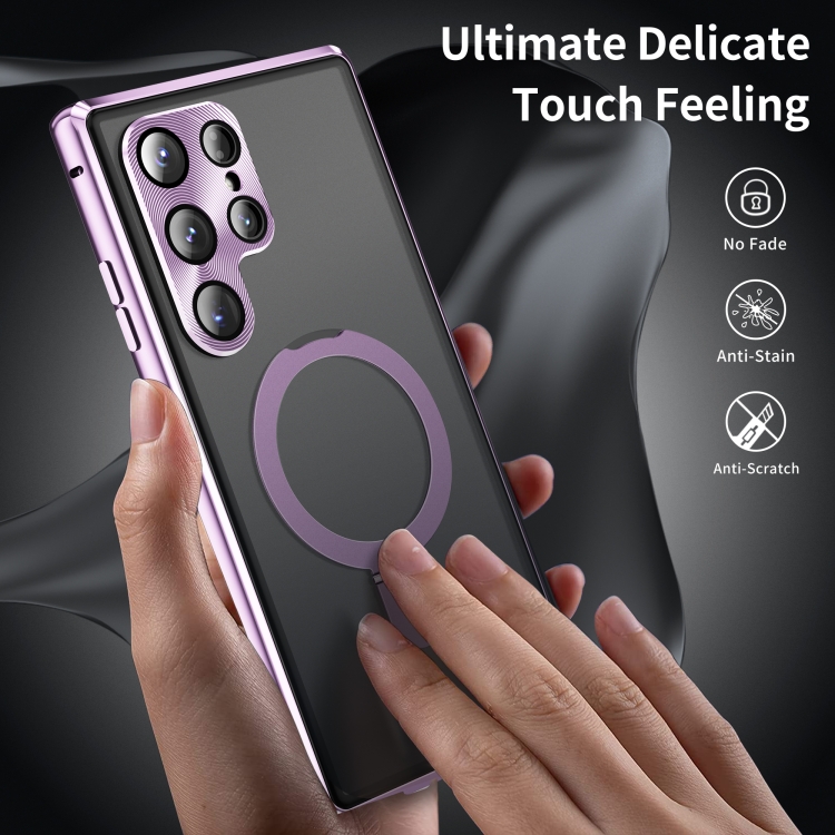 For Samsung Galaxy S23 Ultra 5G MagSafe Magnetic Privacy Frosted Tempered Glass Holder Phone Case(Purple) For Samsung Galaxy S23 Ultra 5G MagSafe Magnetic Privacy Frosted Tempered Glass Holder Phone Case(Purple)
