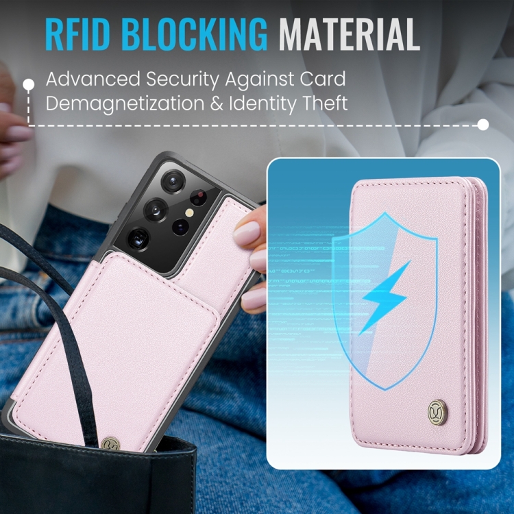 For Samsung Galaxy S21 Ultra 5G JEEHOOD J05 Business Magnetic Style RFID Leather Phone Case(Pink) For Samsung Galaxy S21 Ultra 5G JEEHOOD J05 Business Magnetic Style RFID Leather Phone Case(Pink)