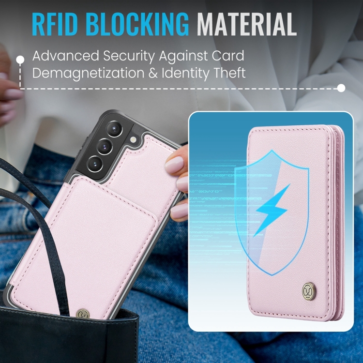 For Samsung Galaxy S21 5G JEEHOOD J05 Business Magnetic Style RFID Leather Phone Case(Pink) For Samsung Galaxy S21 5G JEEHOOD J05 Business Magnetic Style RFID Leather Phone Case(Pink)