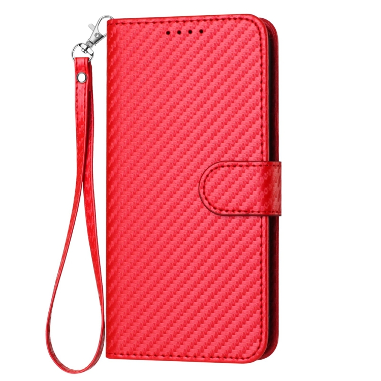 For iPhone 14 YX0070 Carbon Fiber Buckle Leather Phone Case with Lanyard(Red) - 1
