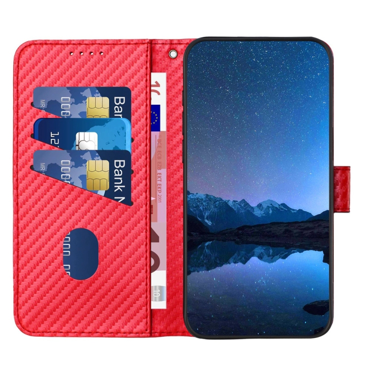 For iPhone 14 YX0070 Carbon Fiber Buckle Leather Phone Case with Lanyard(Red) - 2