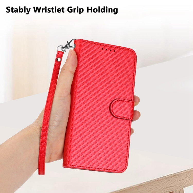 For iPhone 14 YX0070 Carbon Fiber Buckle Leather Phone Case with Lanyard(Red) - 4