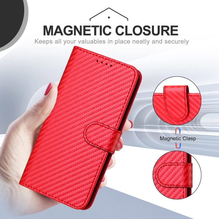 For iPhone 14 YX0070 Carbon Fiber Buckle Leather Phone Case with Lanyard(Red) - 5