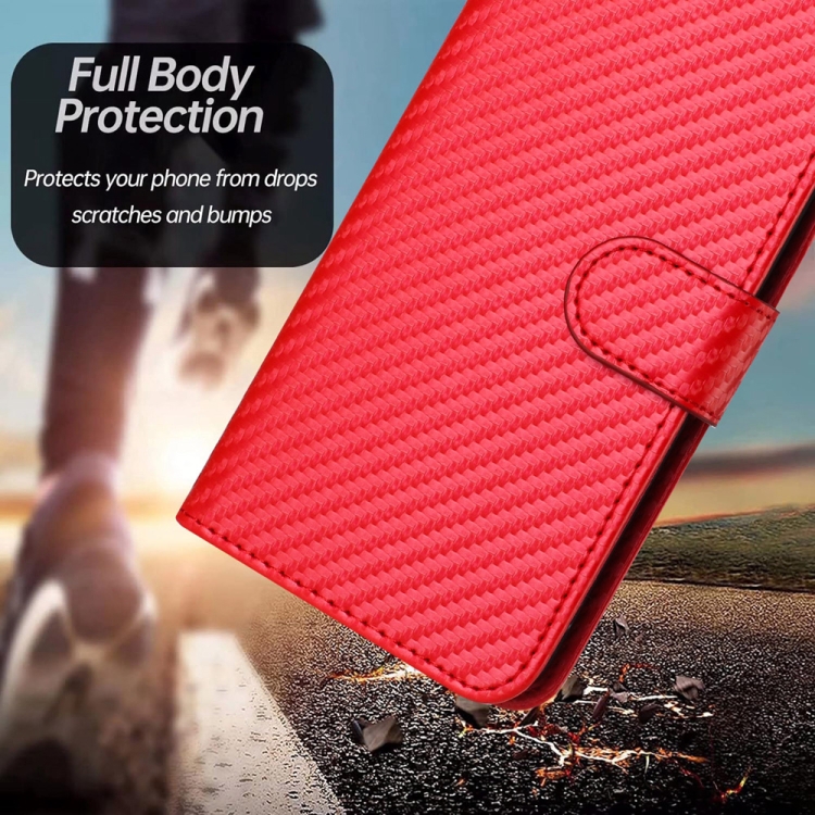 For iPhone 14 YX0070 Carbon Fiber Buckle Leather Phone Case with Lanyard(Red) - 6